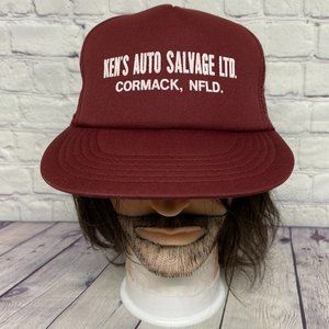 Vintage Trucker Hat Mesh Cap Snapback Burgundy Ken's Auto Salvage Cormack NFLD